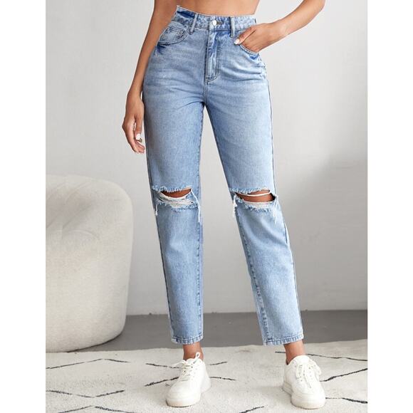 SHEIN Denim - Shein Light Wash High Rise Straight Leg Mom Jeans Ripped Knee Large 30"